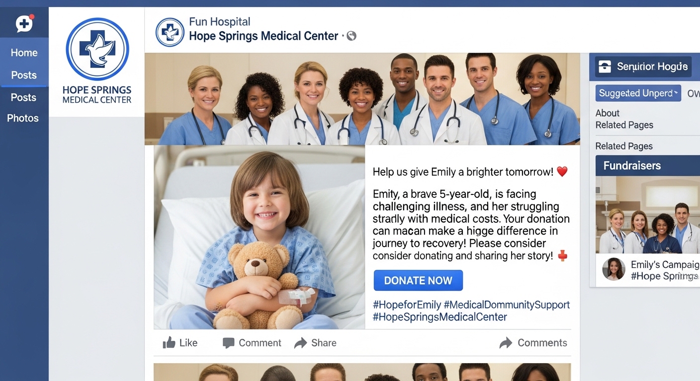 Giao diện fanpage Facebook giả mạo bệnh viện với bài viết kêu gọi quyên góp từ thiện