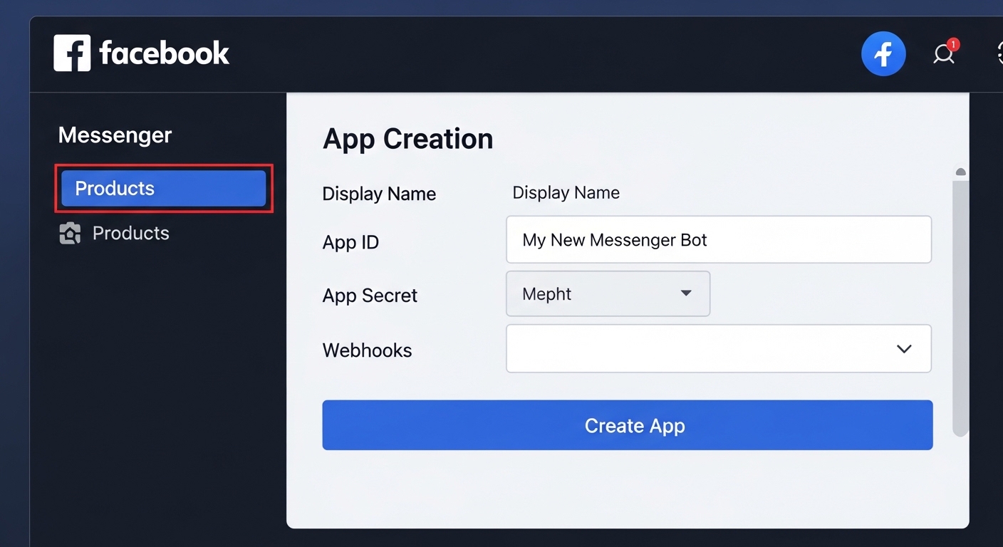 Giao diện tạo ứng dụng Facebook Developers cho tích hợp Messenger API với n8n