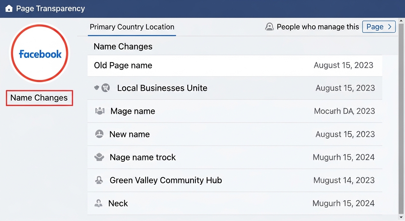 Màn hình hiển thị tính năng Page Transparency trên Facebook — lịch sử đổi tên fanpage giả mạo