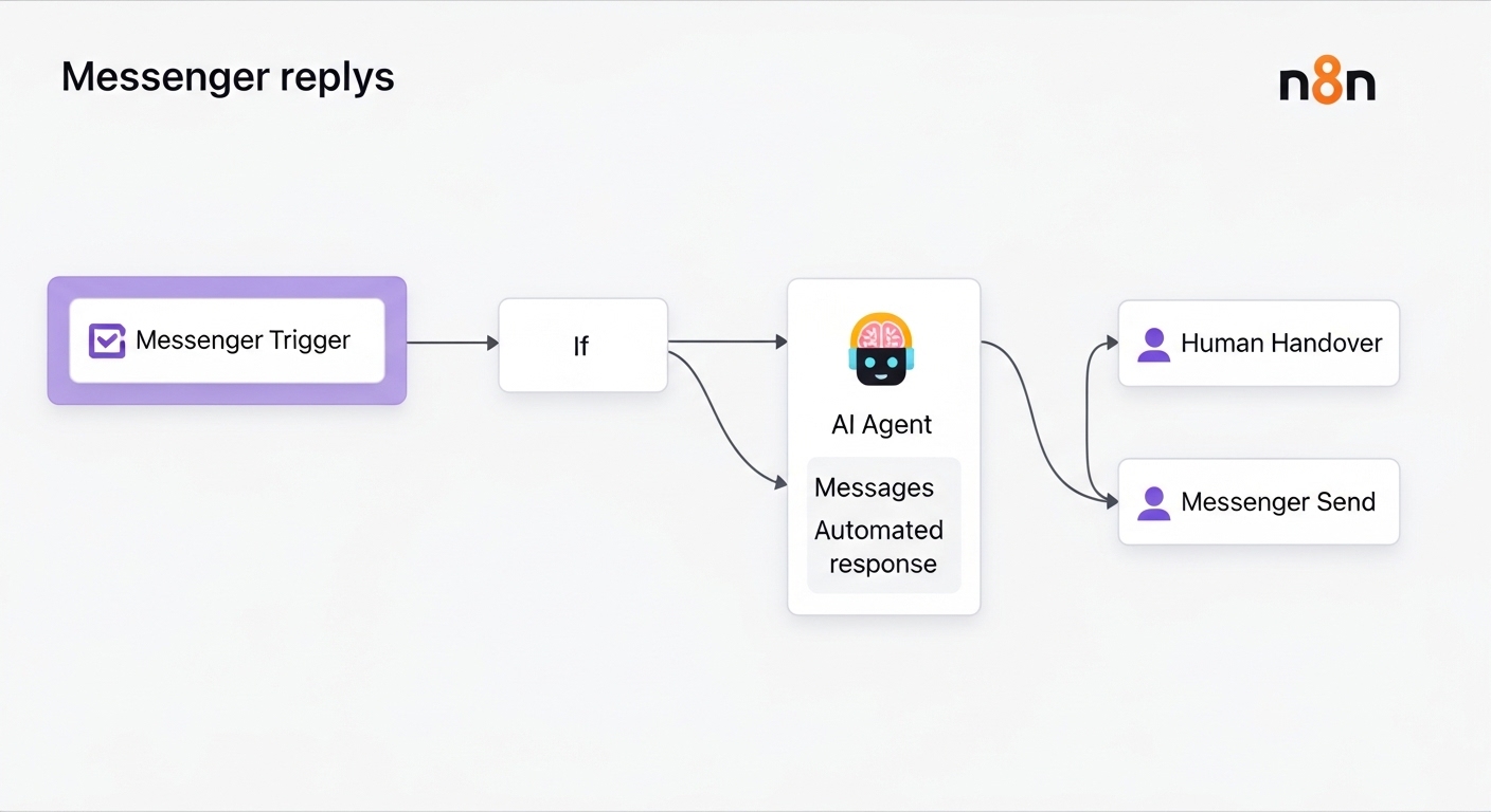 Sơ đồ workflow n8n tích hợp AI Agent để tự động trả lời tin nhắn Messenger trong digital marketing
